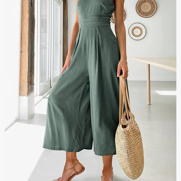 ANRABESS Women's Summer Straps One Shoulder Wide Leg Jumpsuit Romper w/ Pockets - Picture 2 of 4